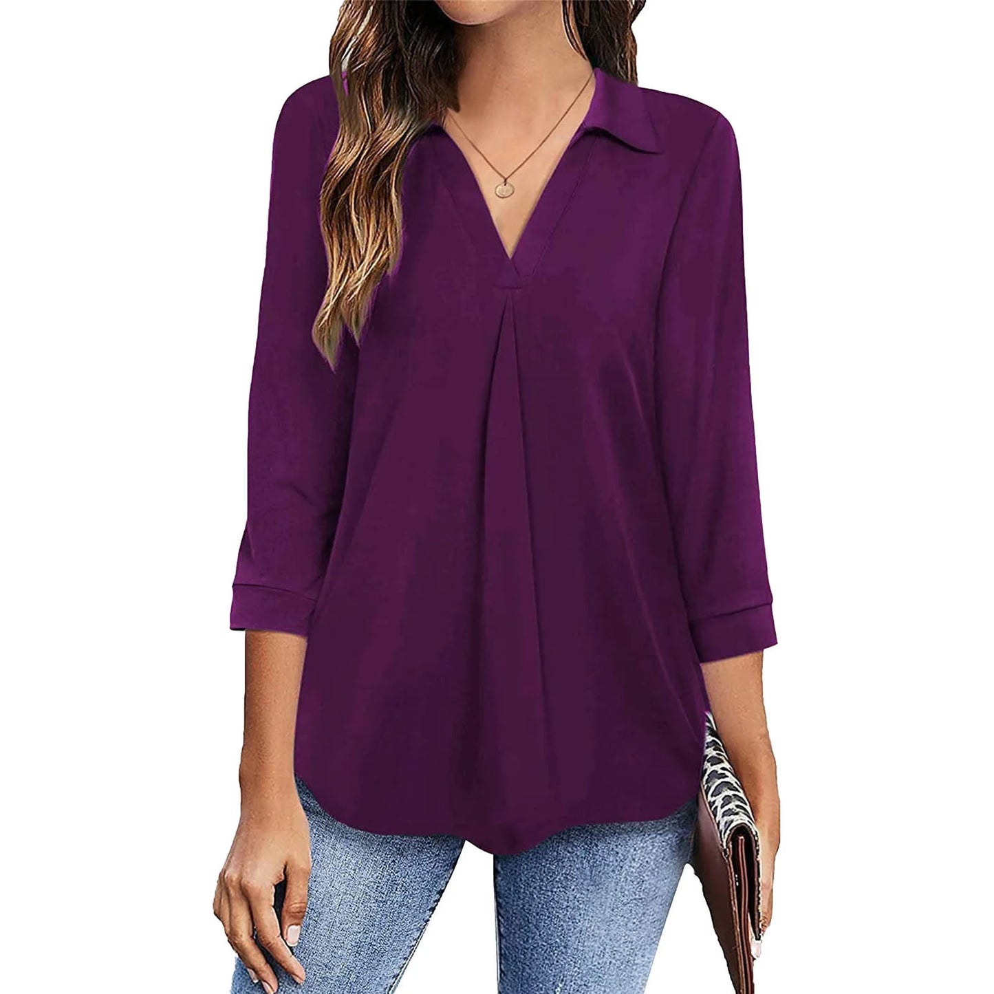 Ladies V-Neck Summer Loose Casual Solid Long Sleeve Blouse