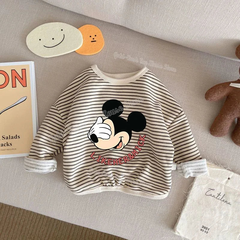 Disney Mickey Mouse 1-8T Cotton Children Clothing Long Sleeve T-shirts Striped Boy Girl Tops Kids T-shirt Autumn Spring Tee Kids