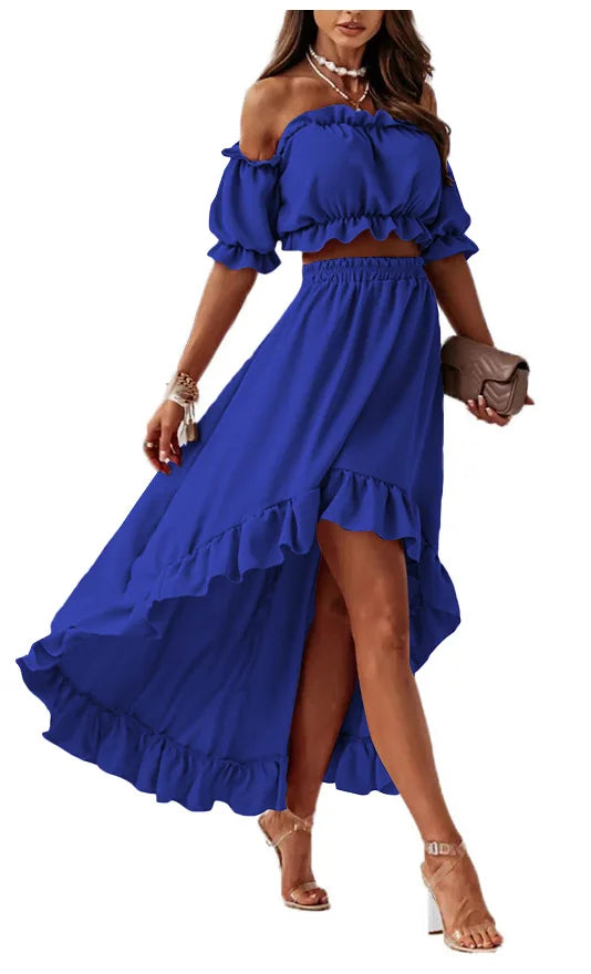 Ladies Two Piece Summer Sexy Short Sleeve Shirt And Slow Skirt Suit Solid Chic Off Shoulder, Puff Sleeve Short Top