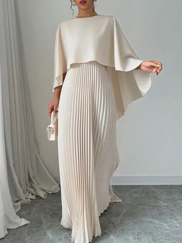 New Female Stylish High-Low Party Evening Maxi Dress Spring Autumn Cape Sleeves Solid Color Pleated Long Dress.  S-2X