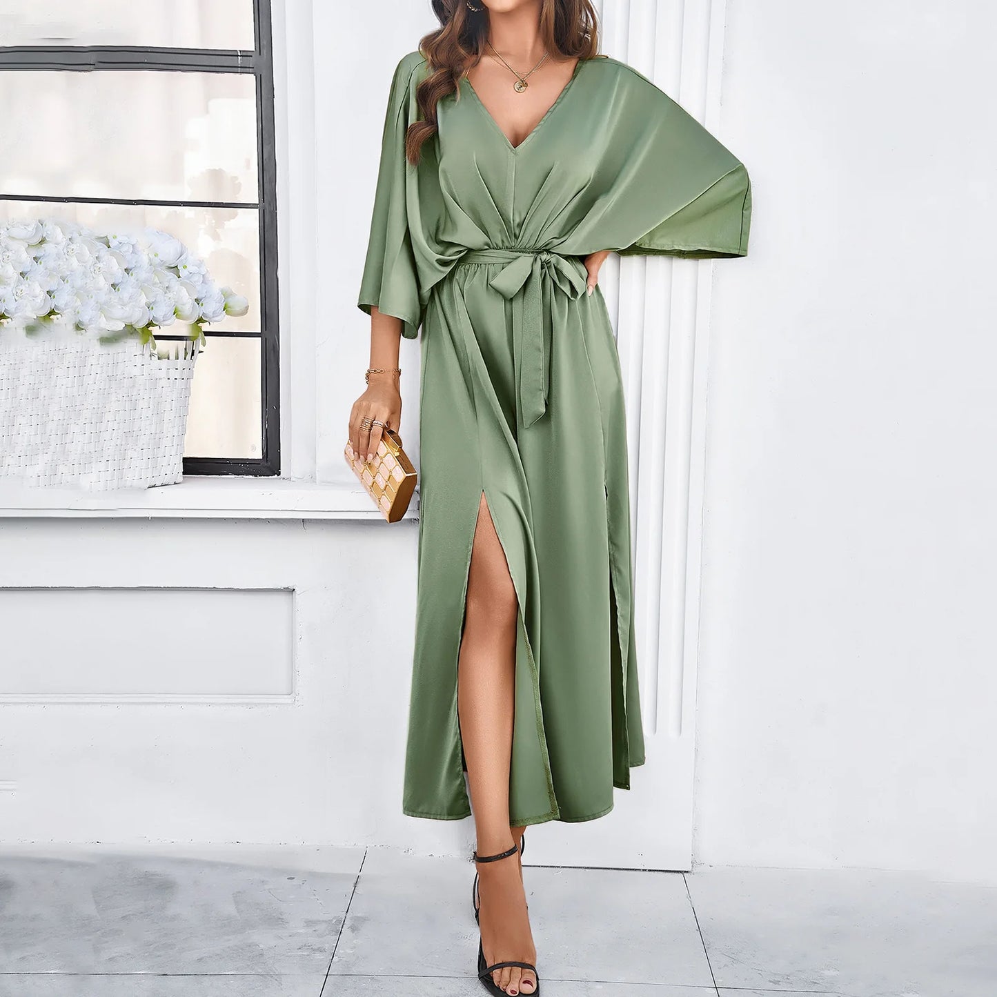 European Solid Colour Women's Elegant, Fashionable And Sexy V-neck Dress.  S-XL