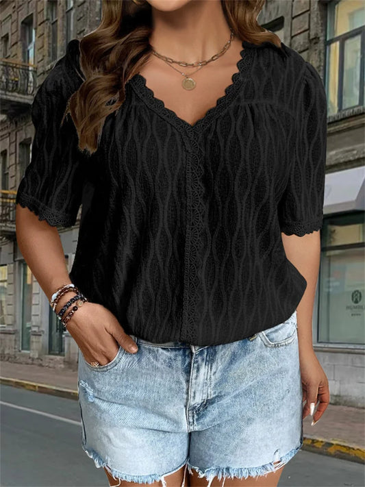 Plus size lace casual V-neck shirt