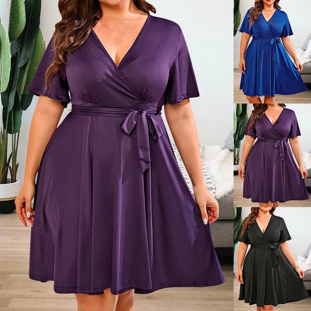 Women Summer Solid Short Sleeve V-Neck A-Line Dress Plus Size Elegant Dress