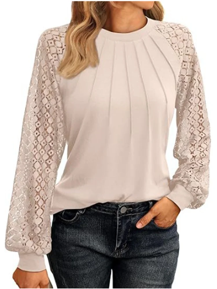 Elegant Lace Pleated Solid Colour Shirt Women's Round Neck Lantern Long Sleeved Blouse .  S-2X