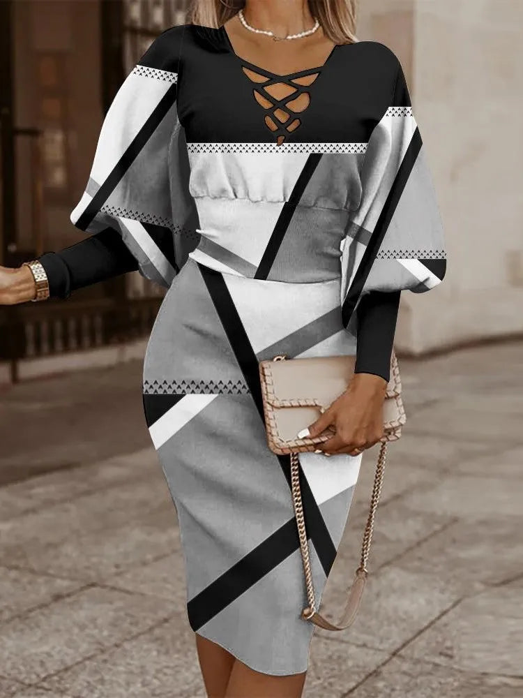 Women's Elegant V-Neck Long Sleeve Dress - Slim Fit Autumn Winter Waist Dress  S-2X