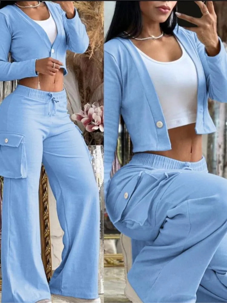 Women's New Fashionable Solid Colour Short Top Casual Pants Set For Women.  S-2X