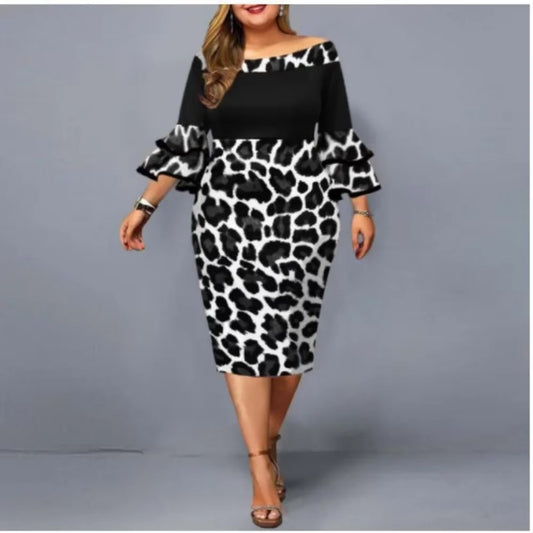 Plus Size Elegant Print Midi Dress - Long Sleeve Party Dress