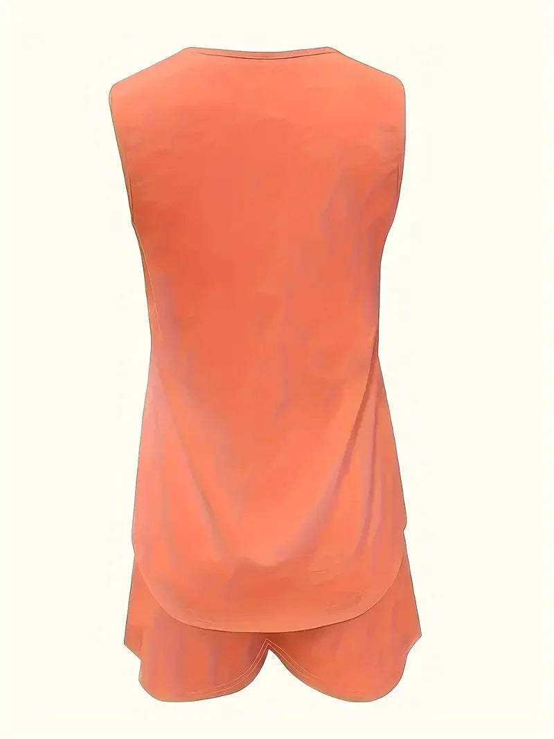 Women's Plus Size Casual Two-Piece Set Tank Top Grommet Eyelet Detail & Trendy Comfortable Shorts