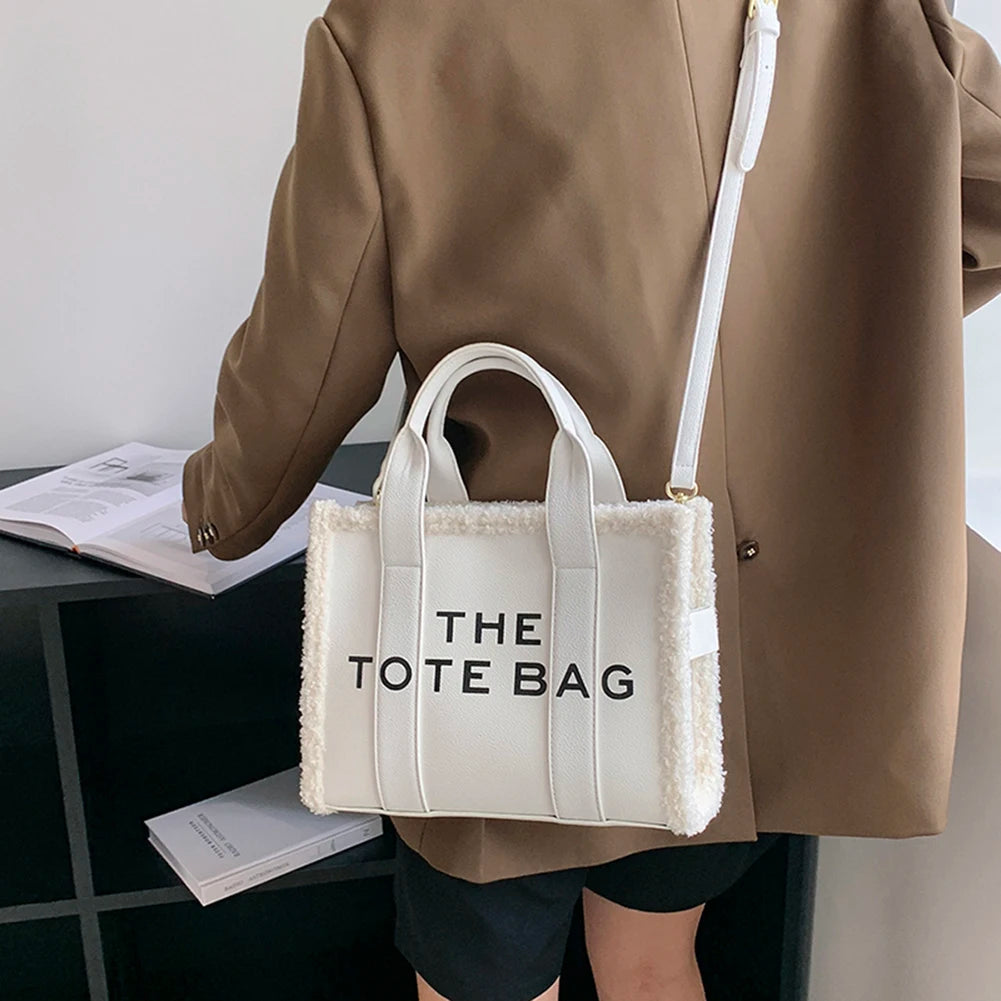 Winter Soft Lamb Wool Stitching Top-Handle PU Leather Fashion Small Cross-body Letter Print Square Tote Bag