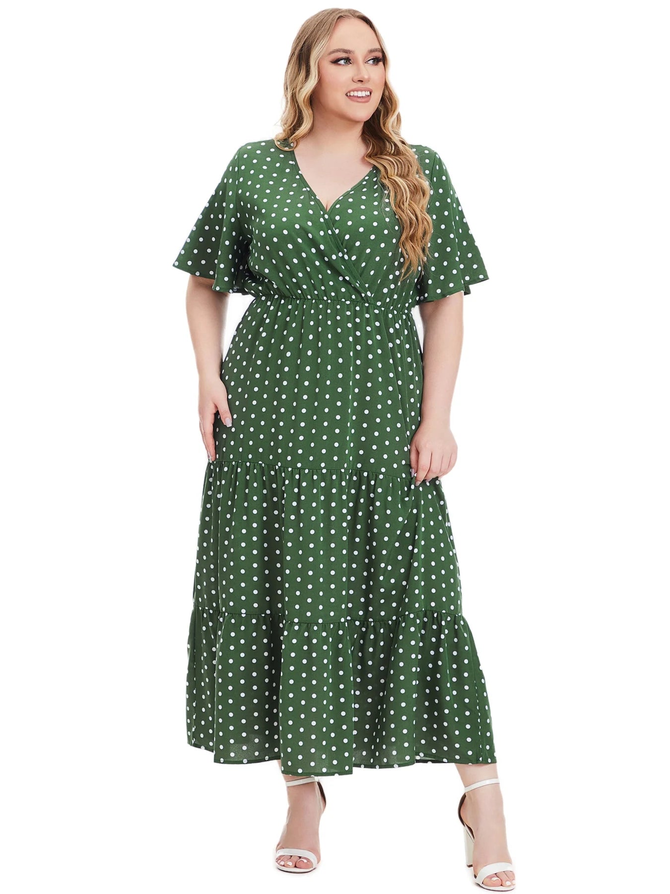 Plus Size New Arrival Fashional Polka Dot Print V Neck Short Sleeve Bohemian Casual Dress