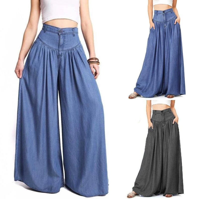 Ladies Casual Cotton Linen Jeans Fashion Solid Colour Wide Leg High Waist Long Pants.