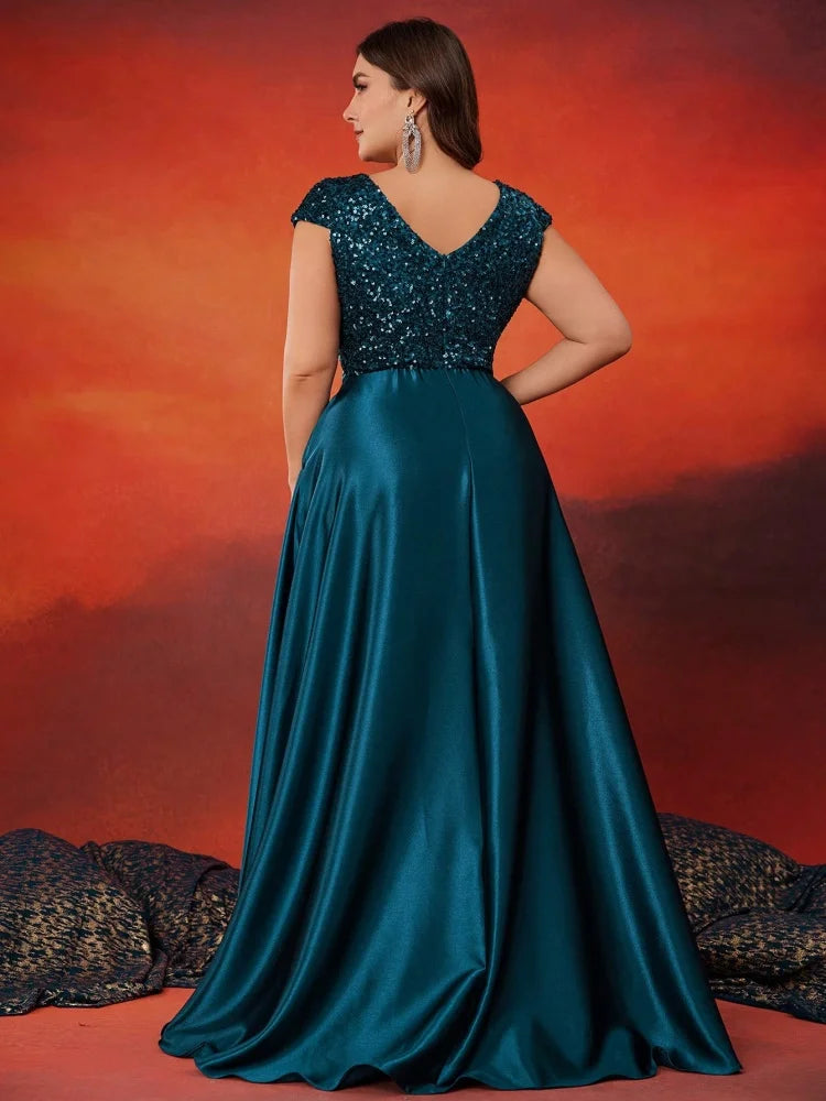 Plus Size Elegant V-Neck Sequin Evening Dress Long Luxury Satin Short Sleeves Party, Prom, Cocktail Dress