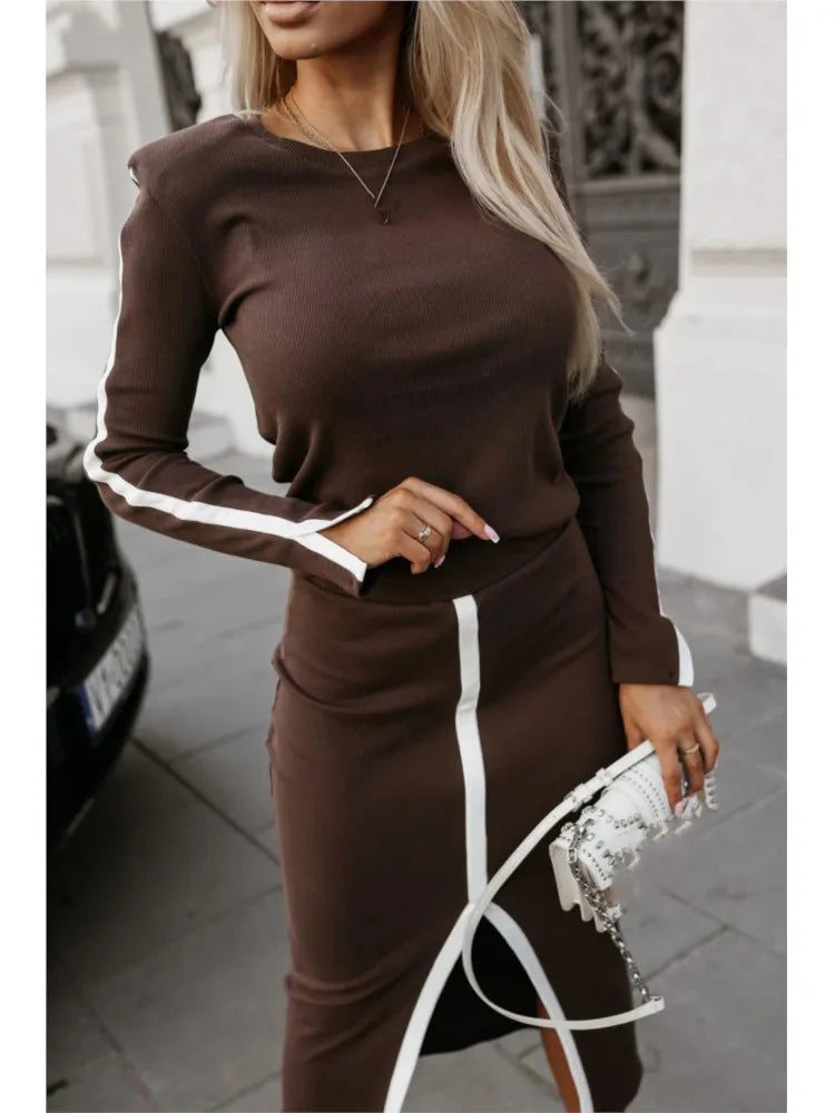 2025 Elegant Sexy Slit Skirt Outfit Long Sleeve Matching Casual Ladies Suit.  S-XL