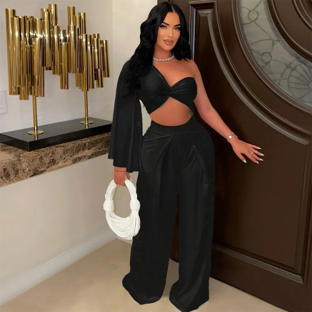 Ladies Sexy Two Piece Matching Set Wide Leg Pants One Shoulder Top.  Sz: S-xxL