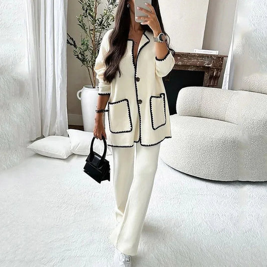 Ladies Two Pieces Long Sleeve Knit Pocket Single Breasted Cardigan And Pants Elegant Fashion Warm Comfortable set