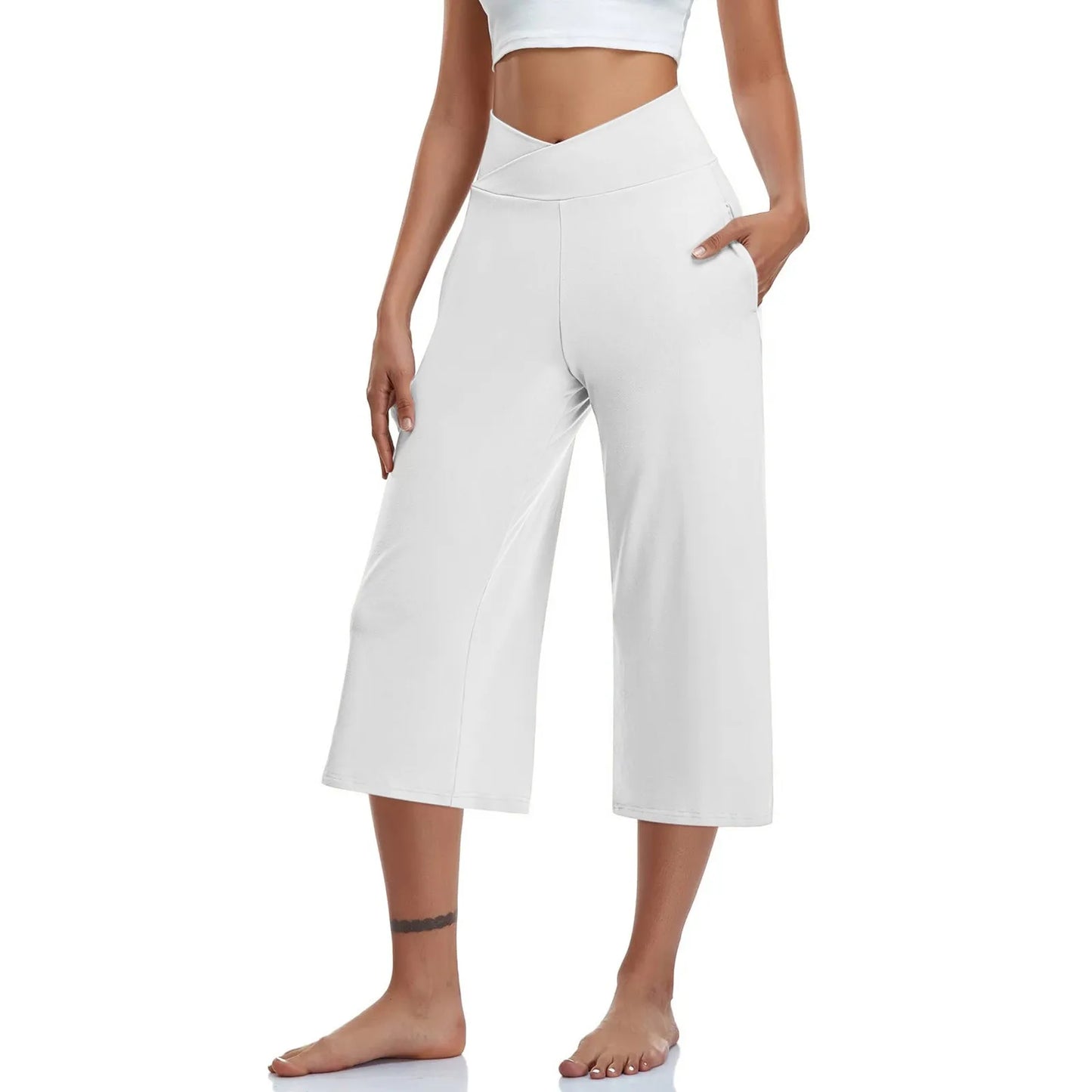 Spring and Summer Women Elastic High Waist 3/4 Pant Solid Casual Active Fit Wide Capri Leg Trousers With Pockets.  S-3X