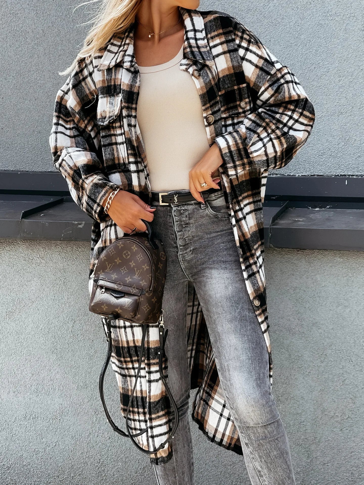 New Women's Loose Casual and Versatile Mid-length Plaid Shirt