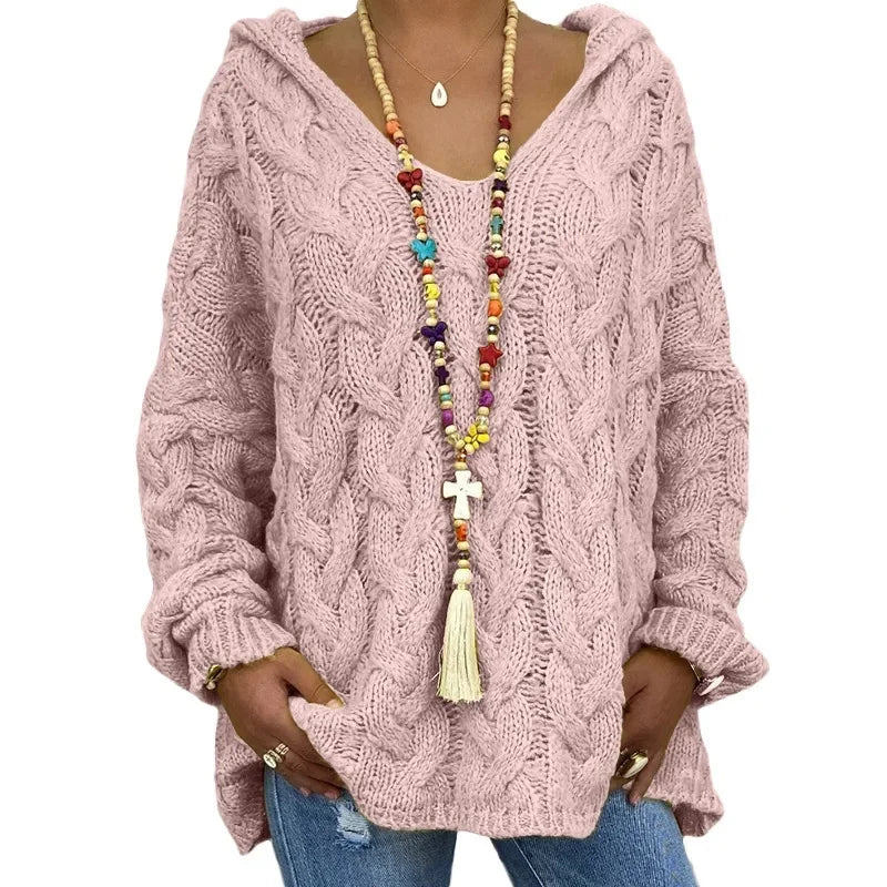 Women's Cable Knit Hooded Sweater - Cozy Pullover (S-5X)
