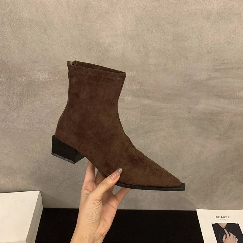 Designer Leopard Women Ankle Boots Fashion Pointed Toe Short Booties Ladies Concise Square Heels Shoes