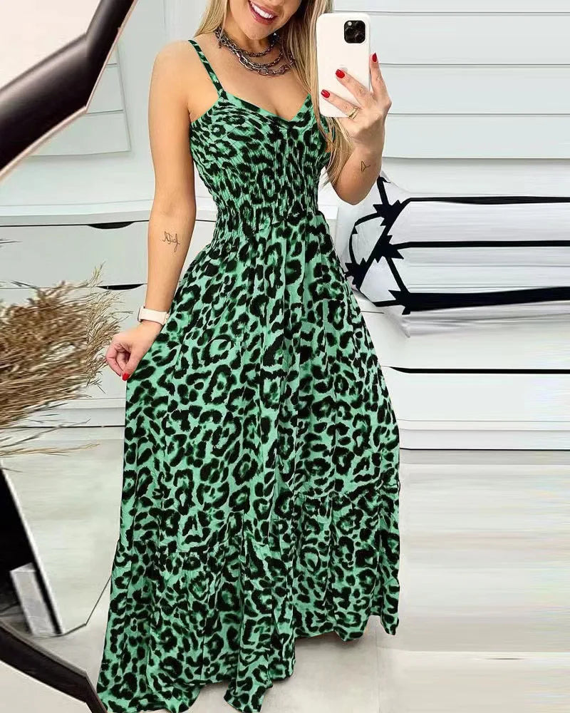 Women's Fashion Leopard Print Sexy Long Sling Summer Dress.   S-3X