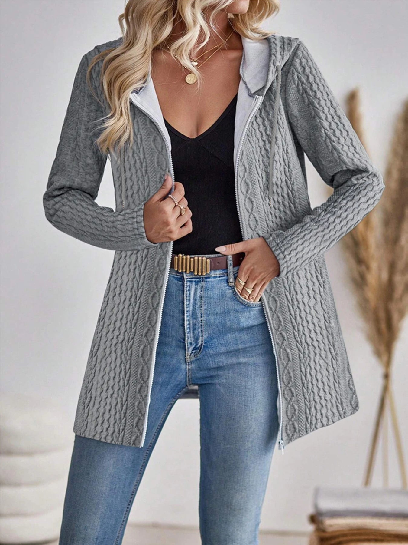 Elegant directional women's fashionable texture solid colour zipper hooded zip-up.  S-2x