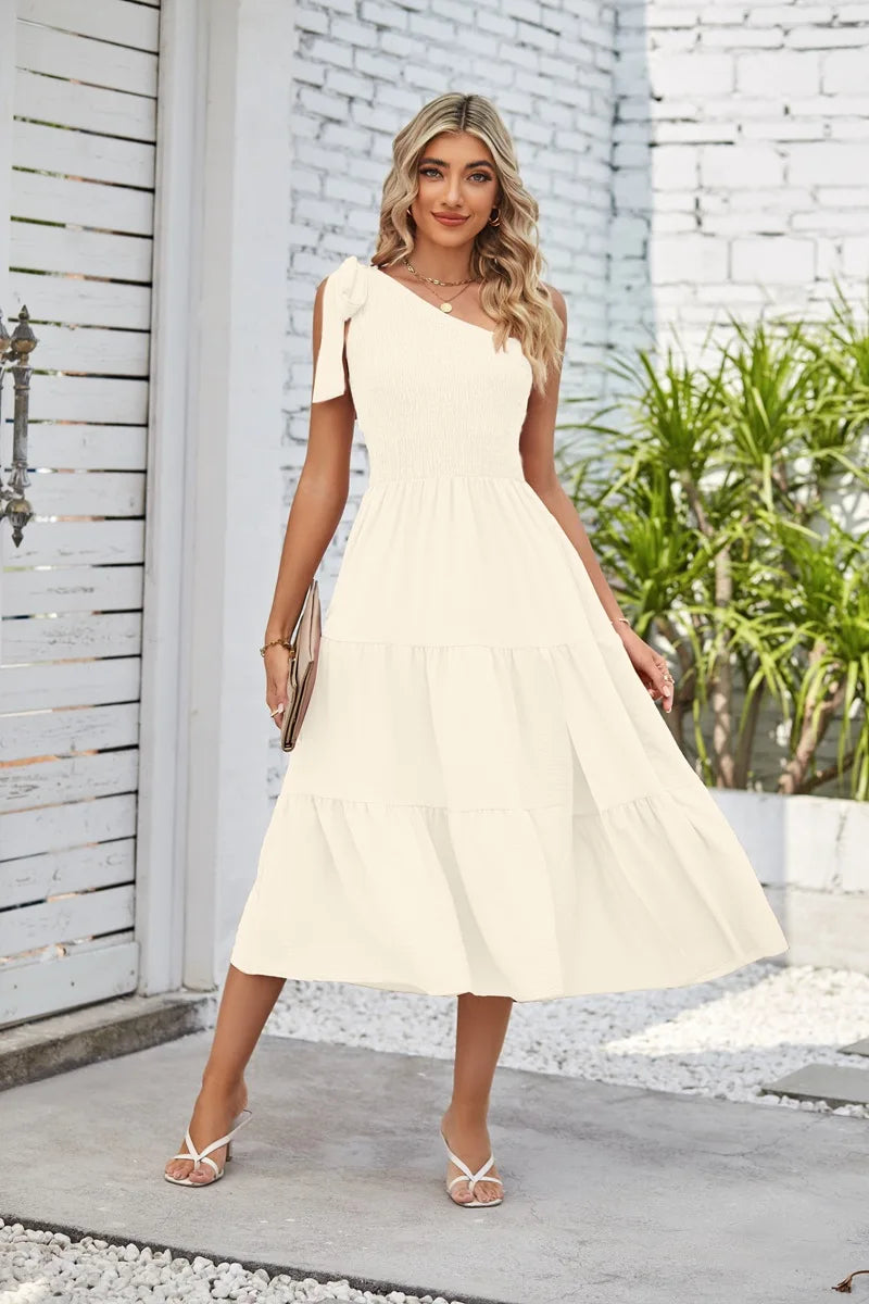 Women Tie Shoulder Dress Summer Sleeveless Side Split Sexy Tiered Ruffle Dress.  S-XL