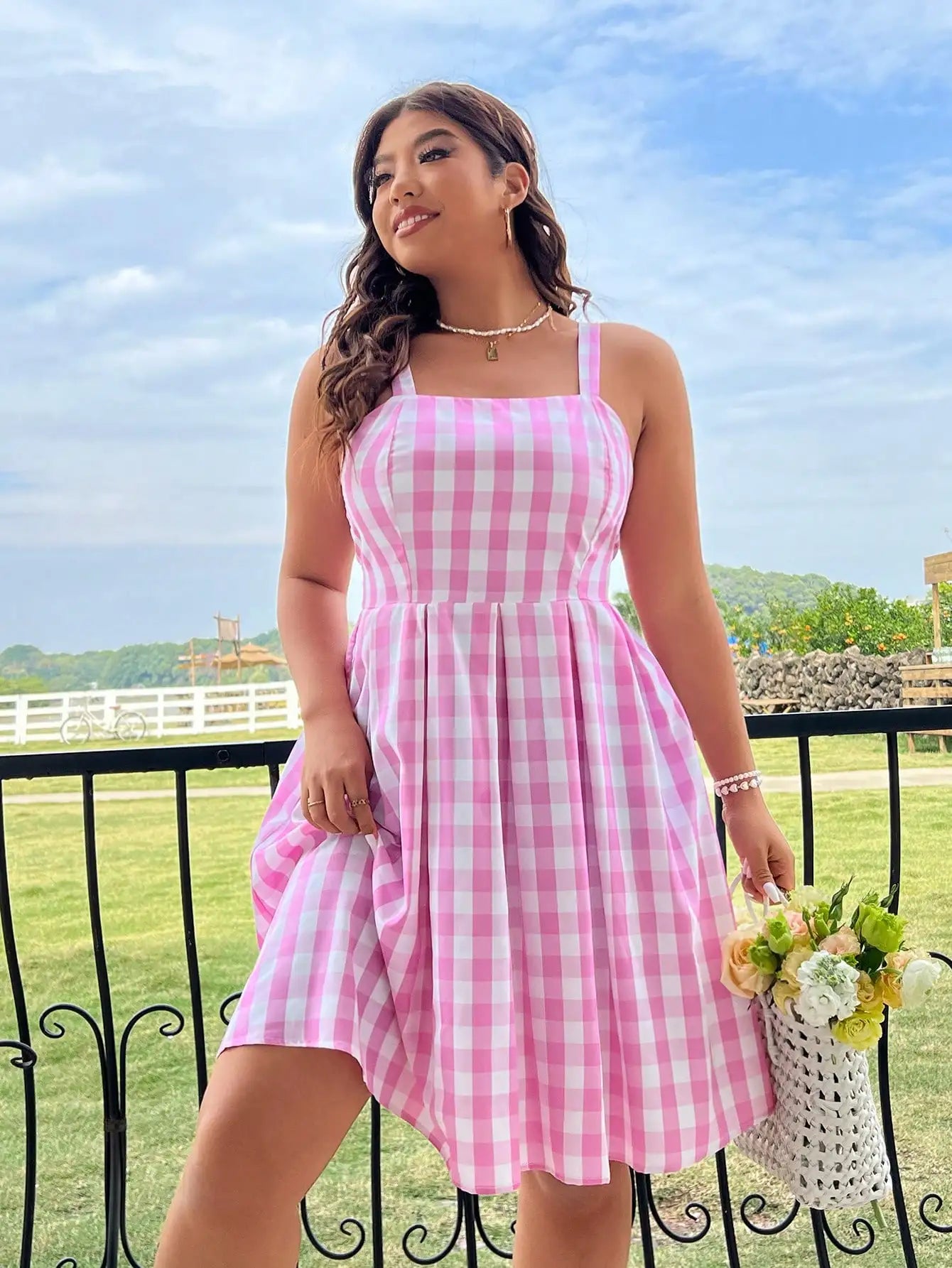 Plus Size Women's 2025 Summer New Plaid Dress Square Neck Dress Best for Summer.