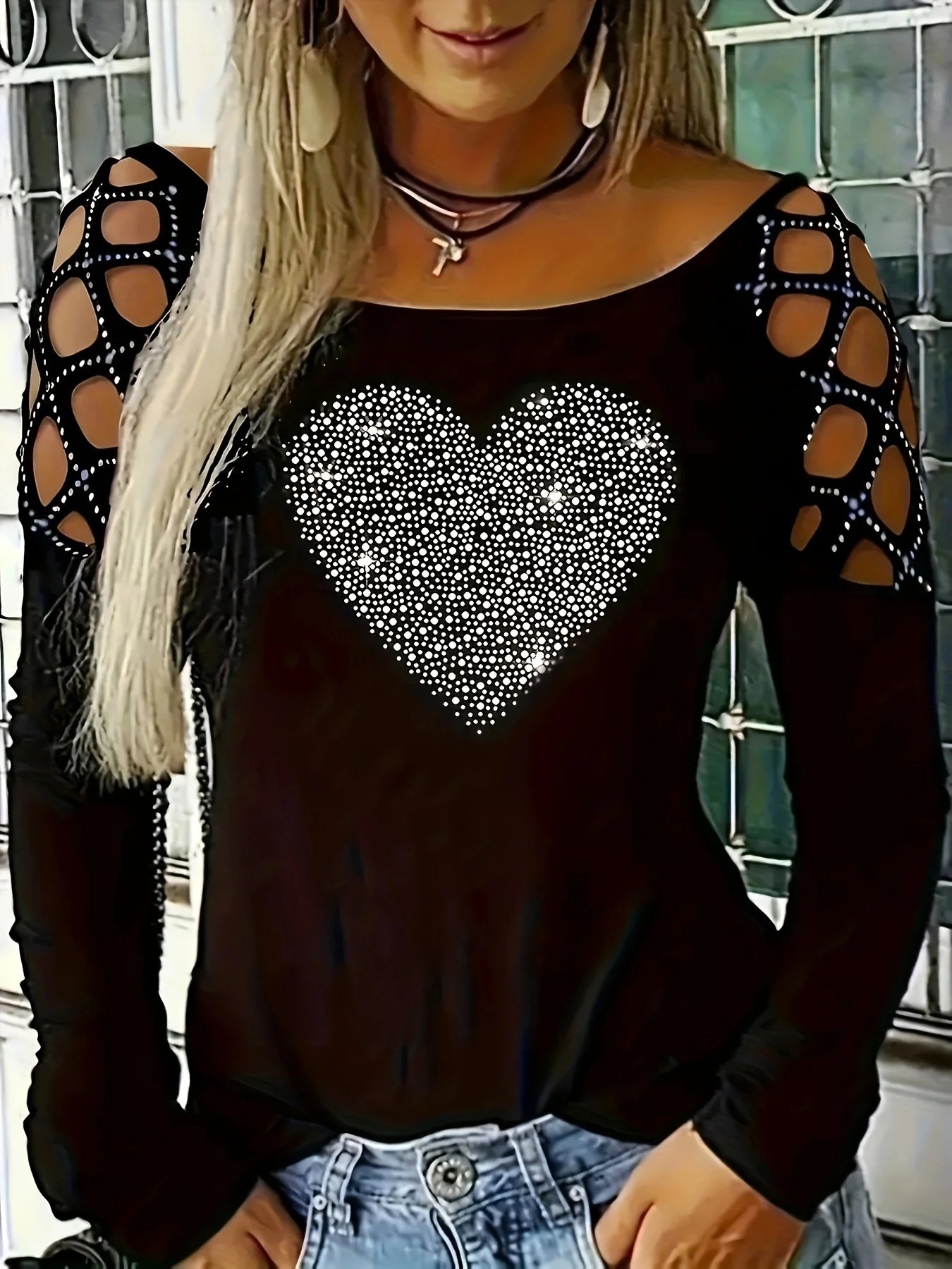 Women's Heart Print Hollow Out Long Sleeve Round Neck Slight Stretch Shirt.  S-2X