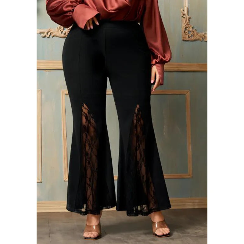 Plus Size Casual Black High Waist Lace Flare Leggings Sexy Vintage Women Pants
