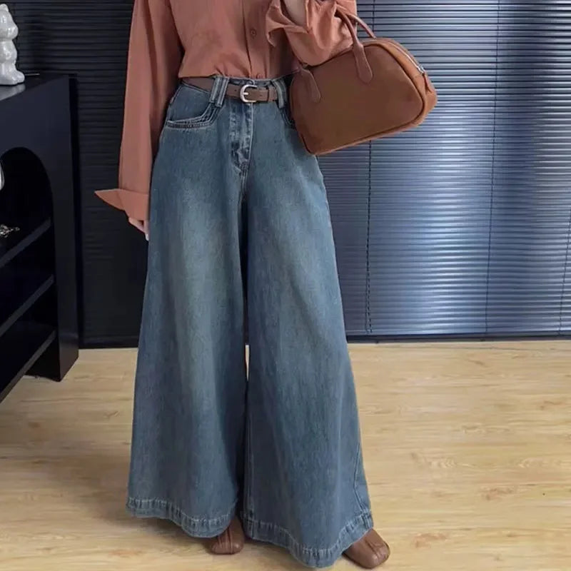 Women's High-Waist Vintage Blue Jeans - Loose-Fit Wide-Leg Straight Jeans