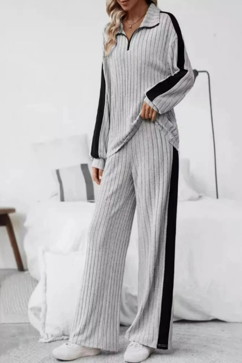 Ladies' winter casual knitted suit with long-sleeved top and trousers.