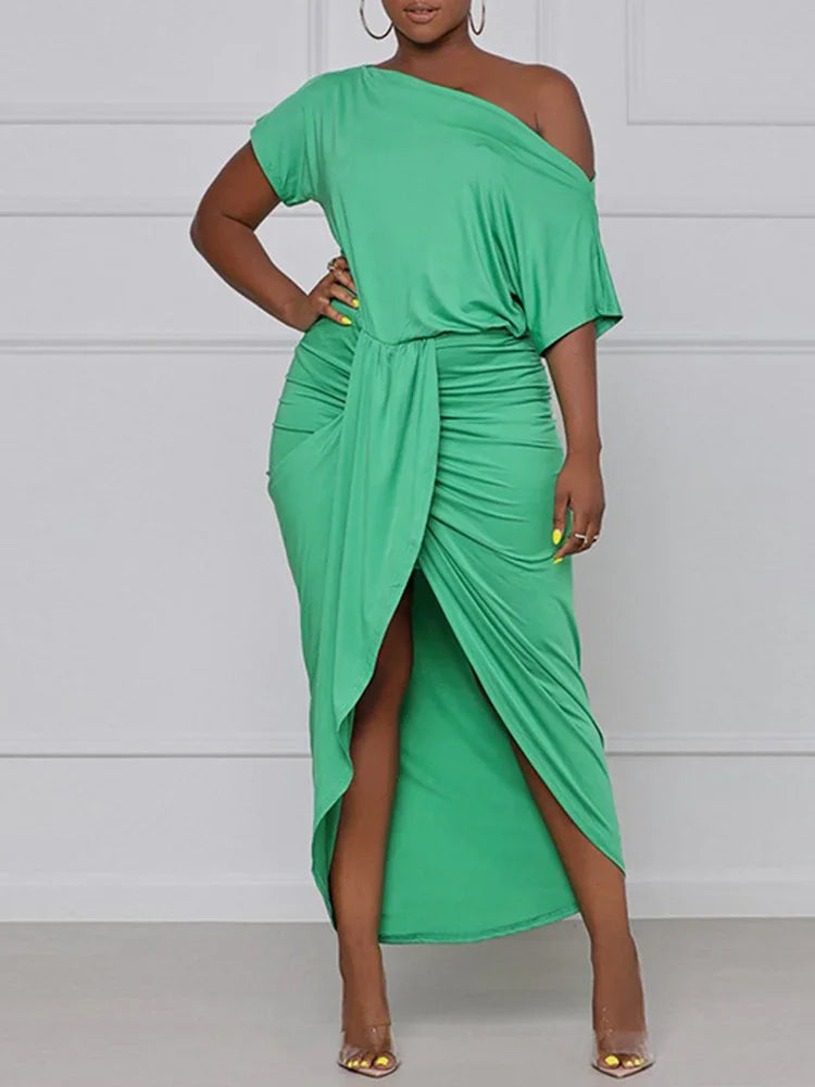 Plain Sexy Skew Neck Sheath Draped Maxi Dress Short Sleeve Party Dress.  S-2X