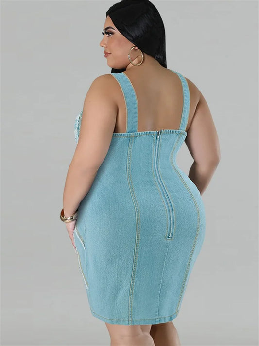Plus Size Denim Dress for Women Summer Sleeveless Fashion Casual Bodycon Zipper Midi Dress