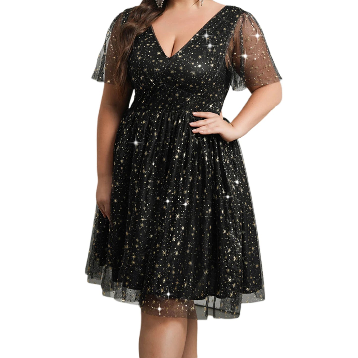 Womens Shiny Stars Mini Dress Sexy Black Sheer Chiffon Short Sleeves Wrapped V Neck Sparkle Glitter Plus Size Dress
