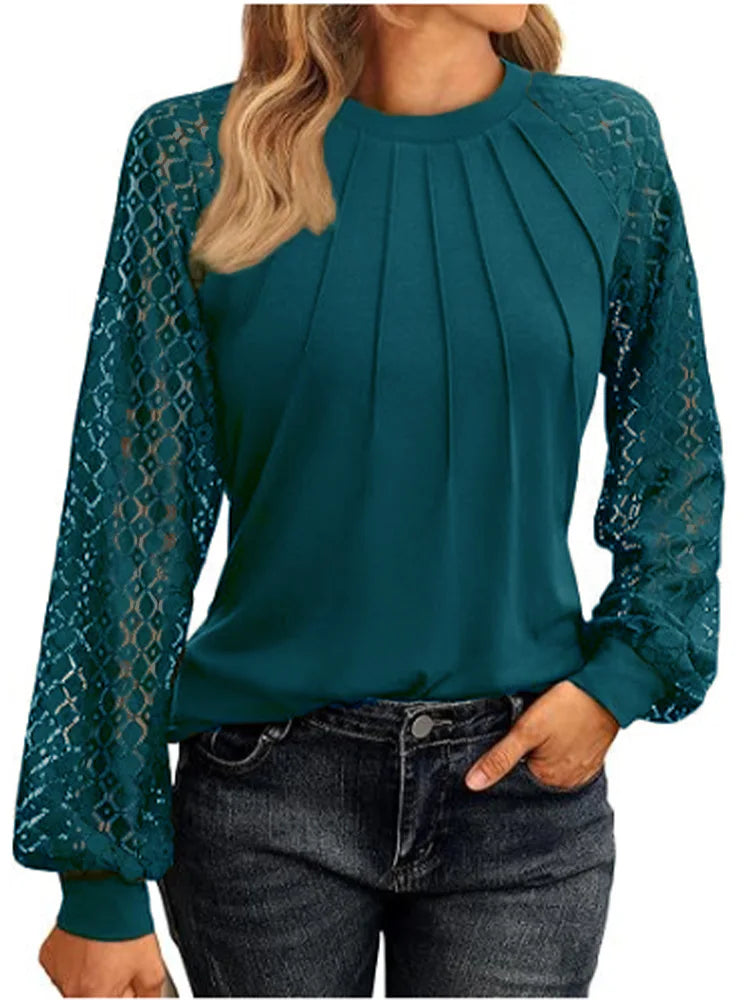 Elegant Lace Pleated Solid Colour Shirt Women's Round Neck Lantern Long Sleeved Blouse .  S-2X