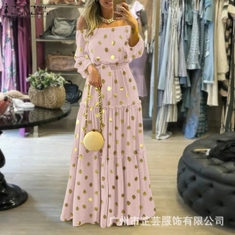 Women's Sexy One-line Neckline Off-the-shoulder Fashion 2025 Spring/summer Polka Dot Dress.  S-3X