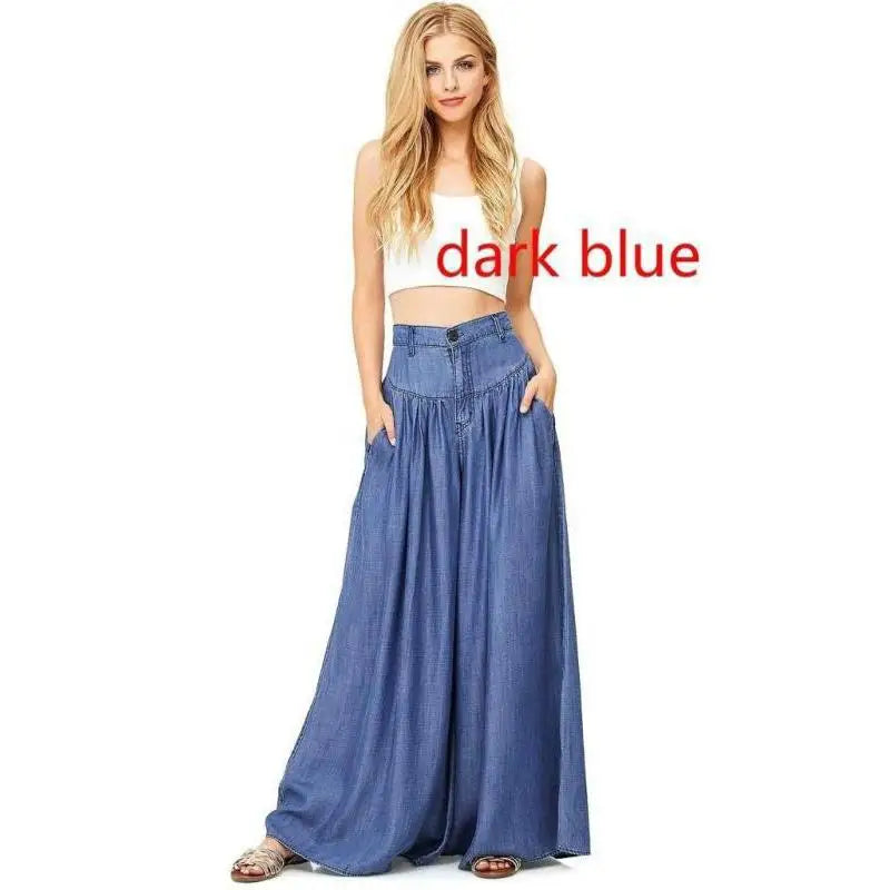 Ladies Casual Cotton Linen Jeans Fashion Solid Colour Wide Leg High Waist Long Pants.