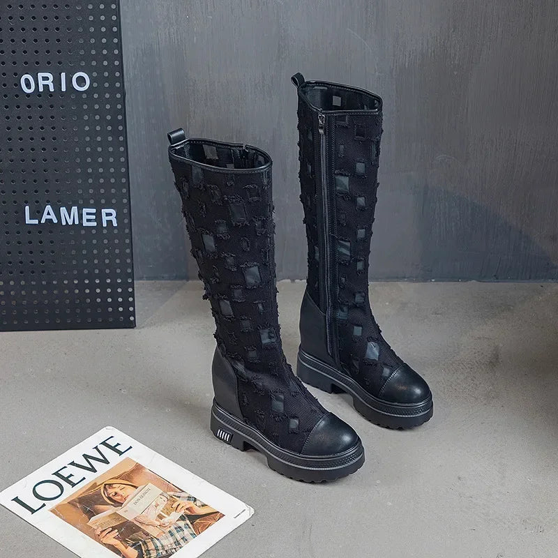 Trendy Boots for Women Summer Denim Canvas Thick Soled Breathable Hollow Mesh Inner Heightening
