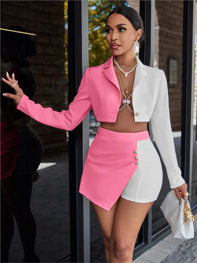 Two Piece Elegant Women's Long Sleeved Shorts Patchwork Jacket High Waist Skort Set