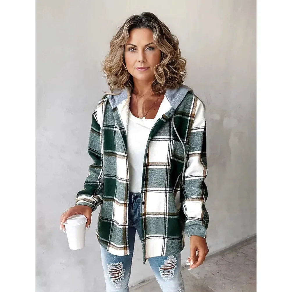 Women's Plaid Style Women's Jacket Hooded Plaid Casual Loose light Jacket.  S-3x