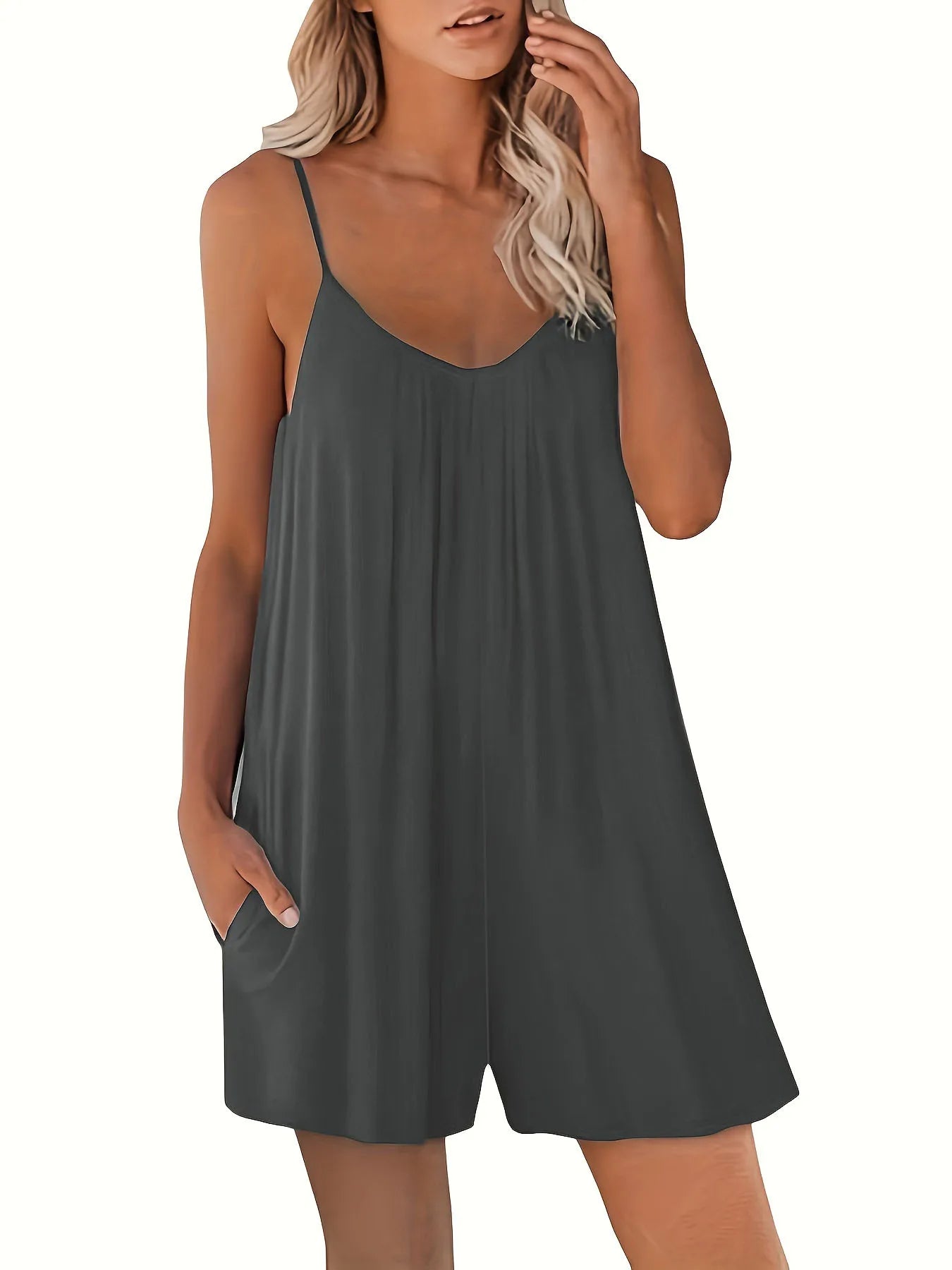 New European Women's Casual Solid Round Neck Loose Pocket Romper.  S-3x