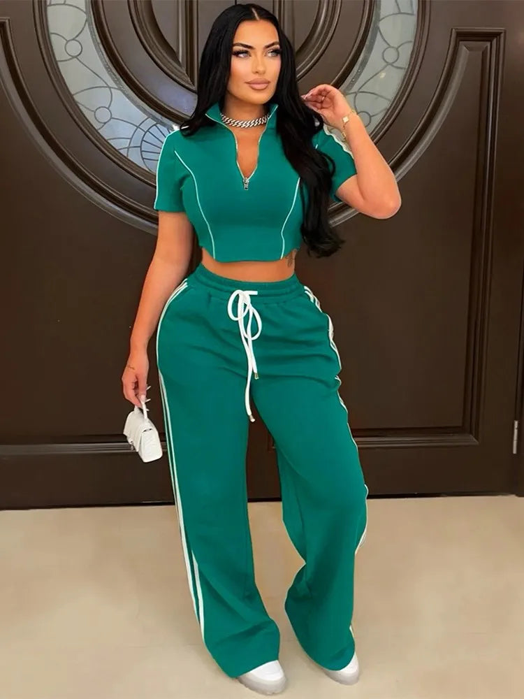 Fashion Casual Short Hoodie 2 Piece Women Short Sleeved Sport Shirt Stripe Splicing Long Pant Suit.  S-2X