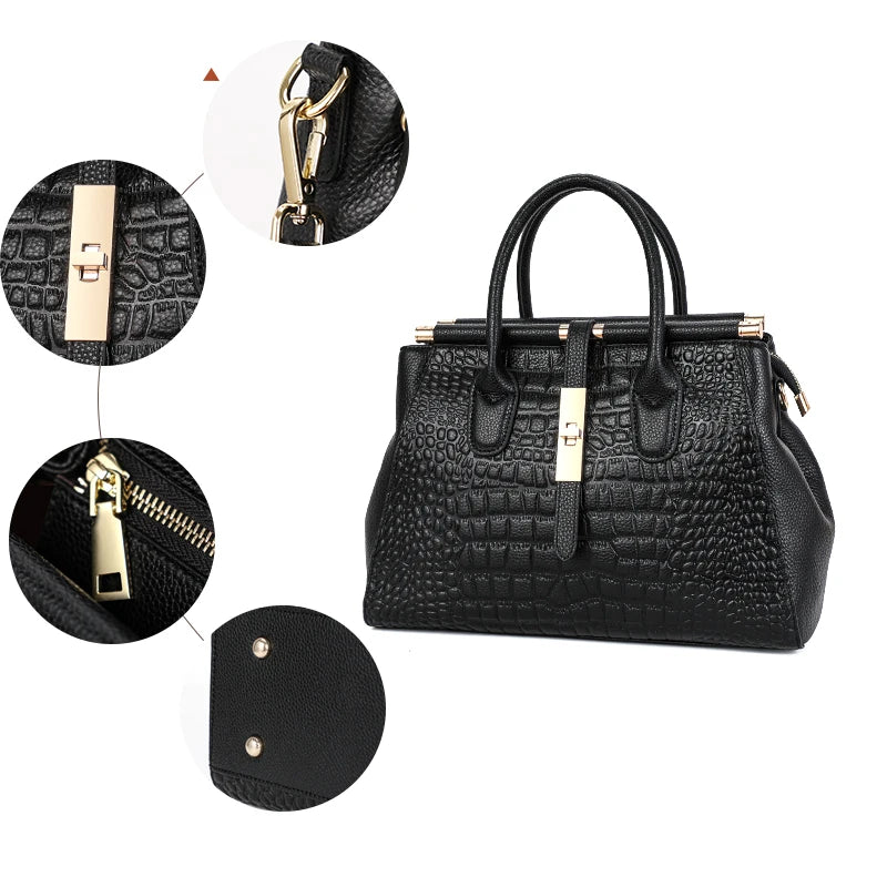 Genuine  leather women's handbag, large capacity crocodile patterned cowhide bag,