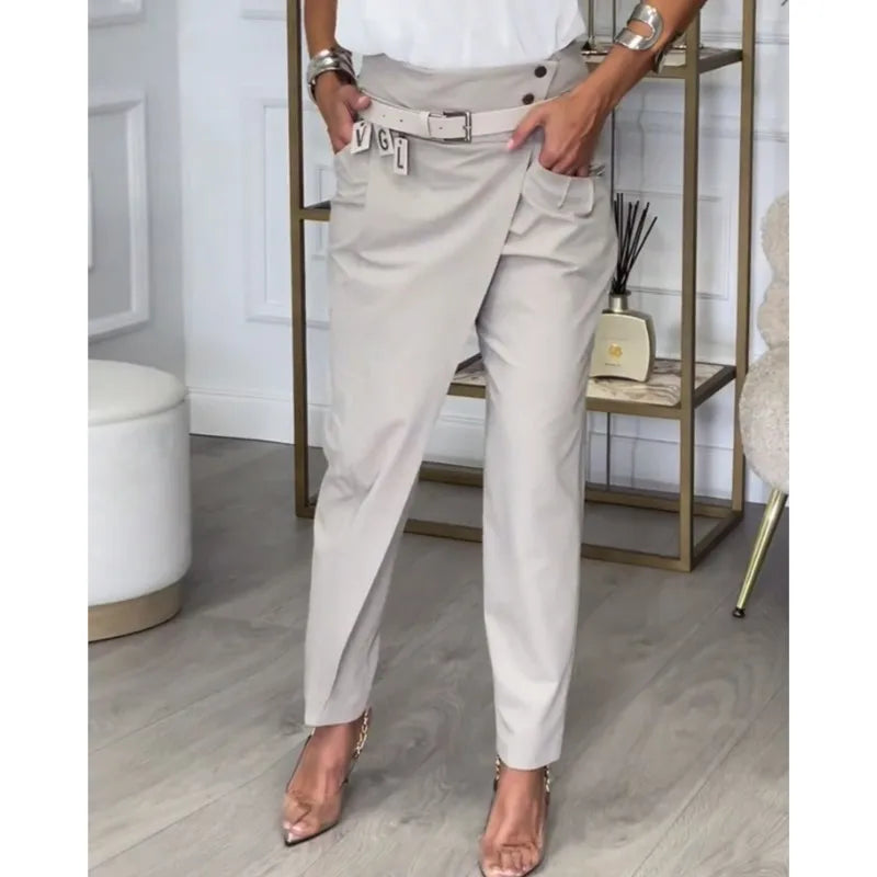New Asymmetric High Waist Pants For Women Fashion Chic Belt Straight Pants Casual Solid Colour Bottoms.  S-3x