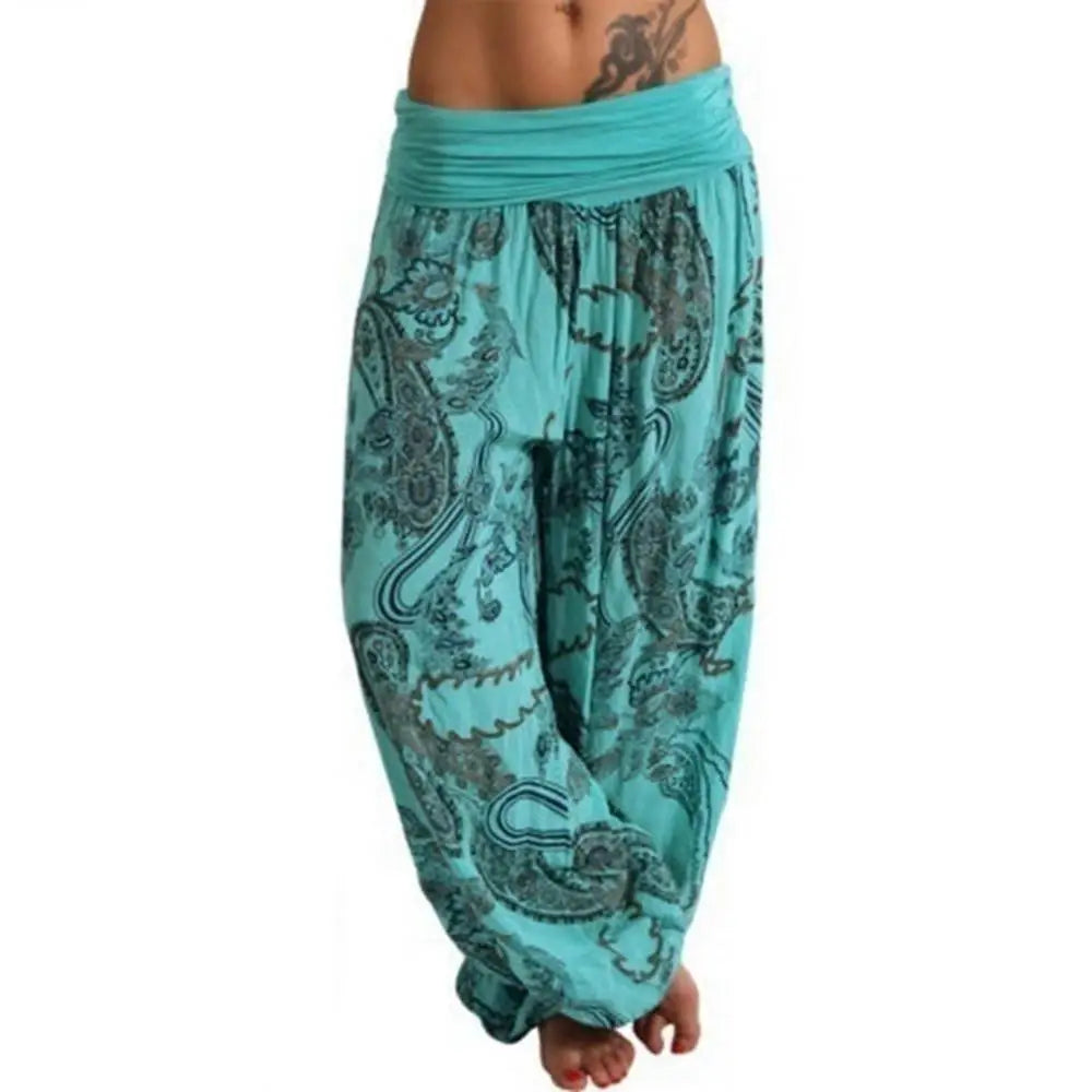 Ladies Boho Loose Pants Paisley Print High Waist Ankle Tied .