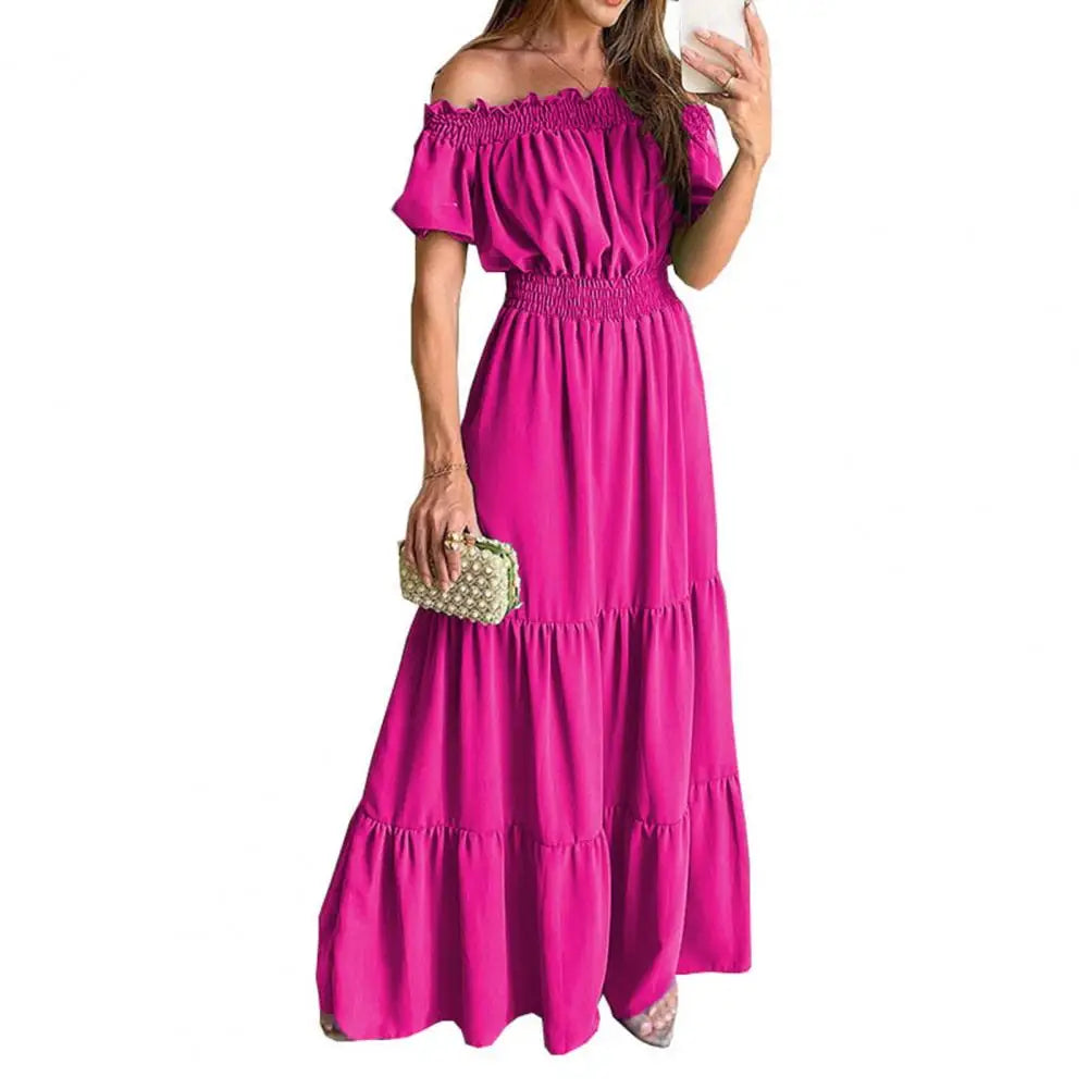 Women Dress Solid Puff Short Sleeves Elastic Waist Casual A-Line High-Waist Off Shoulder Maxi Dress.
