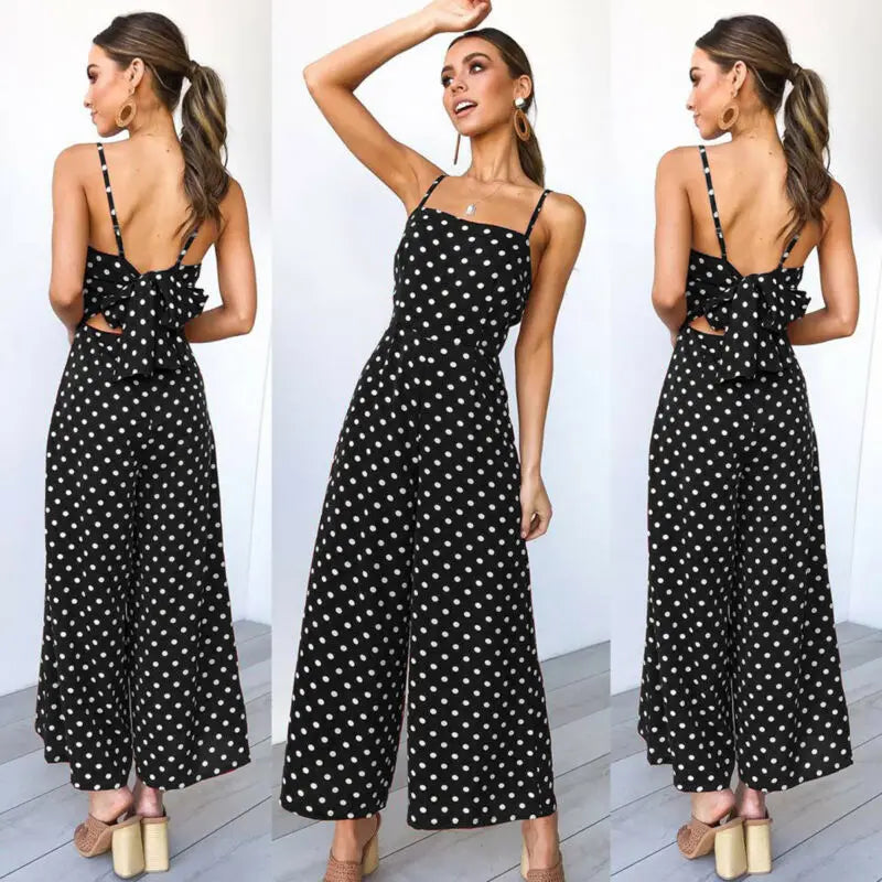 Women Elegant Sleeveless High Waist Summer Sexy Polka Dot Romper Loose Wide Leg Fashion