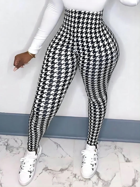 Plus Size Houndstooth Print Skinny Leggings Casual High Waist Every Day Stretchy Legging