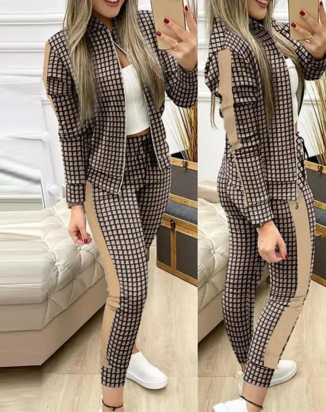 Two Piece Women Sporty Long Sleeve Jacket and Drawstring High Waist Sweatpants Set.