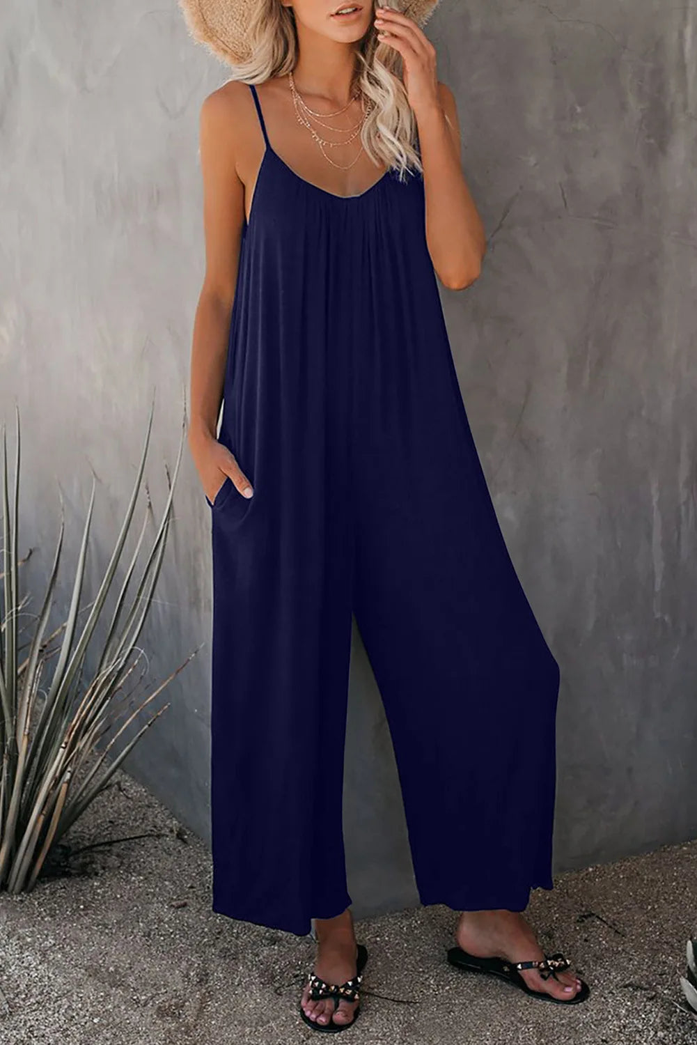 European Women's Summer New Solid Colour Pocket Casual Jumpsuit.  S-xxxL